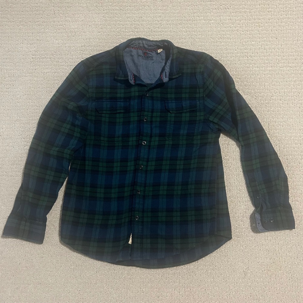 Woolrich Mens L Plaid Flannel Button Up Shirt‎ Long Sleeve Blue Green